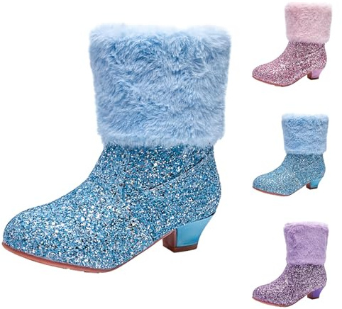 Generiska ankelstövlar för flickor med glitter vinterstövlar snygga paljetter liten tjock häl prinsesstövlar med spets tåparti flickstövlar vinterplysch fodrade termostövlar, blå, 29 EU