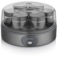 Severin Yogurtera, incluye 7 tarros de yogur de 150 ml para 1 litro de yogur casero, tapa transparente, estilo griego, interruptor basculante, 18 W, acero inoxidable oscuro, JG 3510