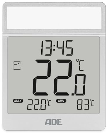 ADE Digitales Fensterthermometer außen | selbstklebend | Außenthermometer wetterfest IPX4 | mit Uhrzeit | speichert MIN und MAX Temperatur | silber
