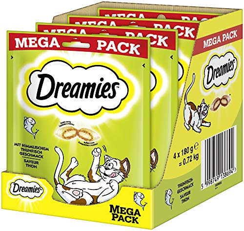DREAMIES Katzensnacks - 4x180g - mit Thunfisch - Traumhaft knusprige Katzen Leckerlies mit zarter Füllung