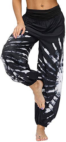 Nuofengkudu Damen Thai Hippie Hosen Haremshosen Baggy Yogahosen Leichte Boho Print Pluderhose High Waist Pumphose Strandhose(W-Schwarz Tye-Die,S)