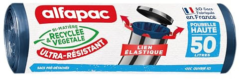 alfapac - 10 sacs-poubelle 50L poubelle haute à lien élastique ultra-résistant - fabriqués en France - bi-matière recyclée & végétale