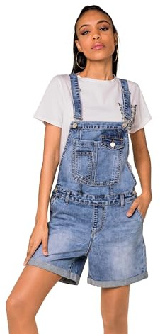 Nina Carter S511 Salopette jeans corte da donna - Salopette corta in denim con tasche sul petto e bottoni - Tuta estiva dal look casual, S