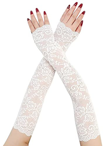 Suxgumoe Lace Gloves for Women, Floral Ladies Long Fingerless Gloves UV Protection Lace Arm Sleeves Summer Driving Gloves for Halloween Wedding Prom Opera Tea Party