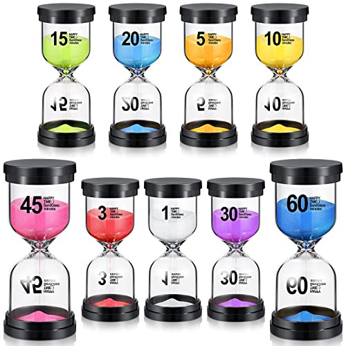 Aoriher 9 Pieces Sand Timer Colorful Hourglass Sand Clock Timer 1/3/5/10/15/20/30/45/60 Minutes Sandglass Timer for Kitchen Home Office Classroom Games Cooking Kids, 9 Colors