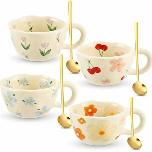 Vesici 4 Pack Ceramic Flower Coffee Mug Set 8.5 oz, Vintage Floral Cute Coffee Cups for Mothers Day, Porcelain Latte Tea Mugs for Mom Women Gifts, Dishwasher Microwave Safe