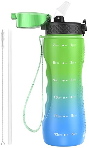 OLDLEY 750ml/25oz Water Bottles with Straw BPA Free Tritan Water Bottles for Gym School Sports Travel Leakproof Time Markings Drink Bottles Reusable Hydrate for Adult Kids Women Men(Green Blue, 1 Lid)