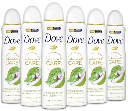 Dove Deodorante Spray Advanced Care Matcha e Fiori di Sakura, con Formula Idratante e Delicata sulla Pelle, Senza Alcol, Pelle Asciutta Fino a 72 Ore, Deodorante Uomo e Donna, 6 Pezzi da 150ml
