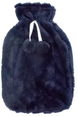 Großer flauschiger Wärmflaschenbezug - nur Bezug (Wärmflasche nicht im Lieferumfang enthalten) - Einheitsgröße für 2-Liter-Flasche - Marineblau mit Pompons - von TRIXES