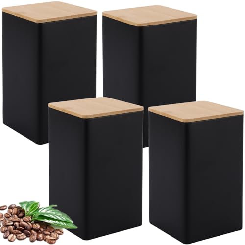 LDXDRU 4 Pack 1L Black Tea Coffee Sugar Canister with Bamboo Lid, Square Tin Plated Kitchen Storage Container, Food Storage Airtight Jar for Tea Coffee Sugar - 8.5 x 8.5 x 15cm
