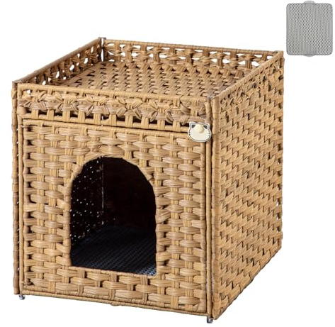 SETVSON Cat Litter Box Enclosure Furniture, Hidden Litter Box with Mat and Fence, Handwoven Rattan Cat House with Two S-Shaped Hooks for Living Room, Bedroom, 18.5 x 20.5 x 19.1 Inches (Natural)