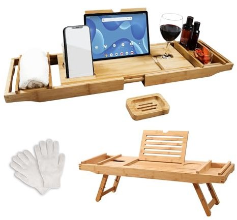 Trekis Spring Bath Tray – Extendable/Foldable Bamboo Bath Caddy Tray for Bathtub with Exfoliating Gloves, Non-Slip Pads with Built-in Holder for Glass Candle, iPad Tablet, Phone-Bathroom Accessories