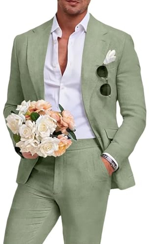 Aowdoy Men's Linen Suits Slim Fit Casual Lightweight Blazer Jacket and Pants Set for 2 Piece Summer Beach Wedding Suit Light Green M