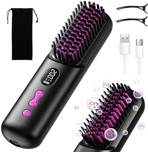 HOMELYLIFE Cordless Hair Straightener Brush, Portable Hair Straightener Brush for Travel, Negative Ion 9600mAh USB Rechargeable Heated Straightening Brush Hot Comb for Women Beard Straightener for Men