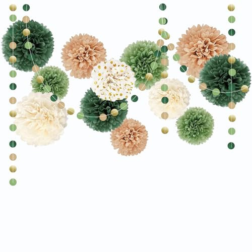 ROEOWENE 15PCS Fiori di Carta per Decorazioni Pon Pon Carta Velina Pom Pom Decorativi da Appendere Ventaglio Palla Fiori Giganti per Allestimenti per Compleanno,Matrimonio,Battesimo,Festa-Verde