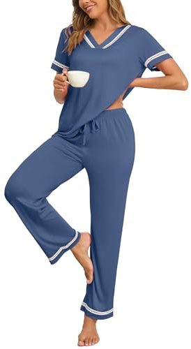 Famulily Womens Pyjamas Set V-Neck Delicate Lace Trim Tops & Elastic Wide Leg Pants Soft Nightwear with Drawstring S-XXL
