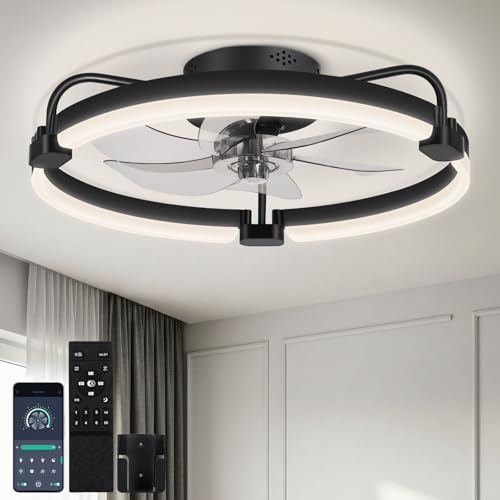 OUTON 50cm Ventilateur Plafond avec Lumiere et Telecommande, 3000K-6500K Dimmable, 6 Vitesses Réversible, Minuterie, Mémoire, Silencieux Ventilateur Plafonnier pour Salon Chambre à Couche, Noir