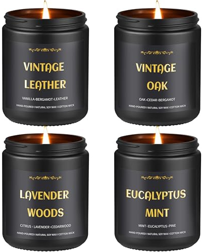 Scented Candles for Men, 4 Pack Mens Candle Set, Soy Candles for Home Scented, Masculine Candle for Him, 28oz, 200 Hours Burning Time Aromatherapy Candles of Lavender/Eucalyptus/Leather/Oak