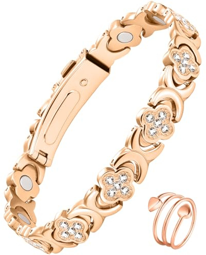 Jecanori Copper Bracelets for Women, Ultra Strength Magnetic Bracelets with 3800 Gauss Magnets & Sparkling Cubic Zirconia, Pure Copper Clover Jewelry with Ring