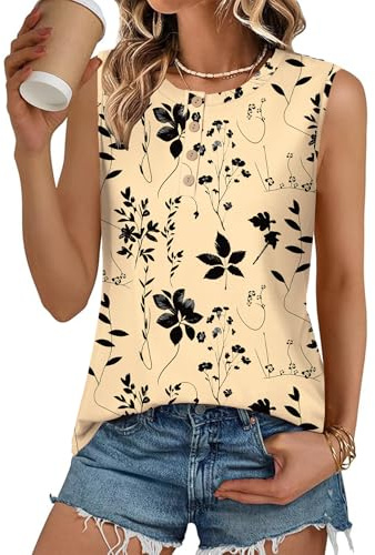 LOMON Tank Top for Women Round Neck Sleeveless Loose Fit Button Casual T Shirt Fashion Tunic Tops Blouses (Apricot Floral,XL)