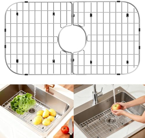JIUBAR Sink protectors for kitchen sink12“13”24“26”,Detachable kitchen sink mat 304 Stainless Steel Material sink rack for bottom of sink.(26x14 Center Drain)