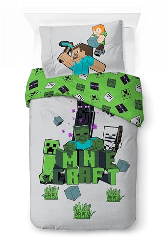 Minecraft sängkläder 100 % bomull | påslakan 140 x 200 cm örngott 50 x 70 cm | mjuka och andningsbara barnsängkläder | rolig minecraft sovrumsdekoration (bygg och utforska)