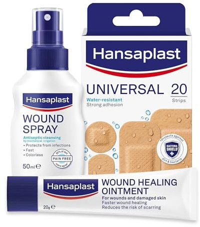 Hansaplast Wound Care Kit | Antiseptic Wound Cleaning Spray, Healing Ointment & Water-Resistant Adhesive Plasters | First Aid Essentials for Cuts, Scrapes & Minor Wounds