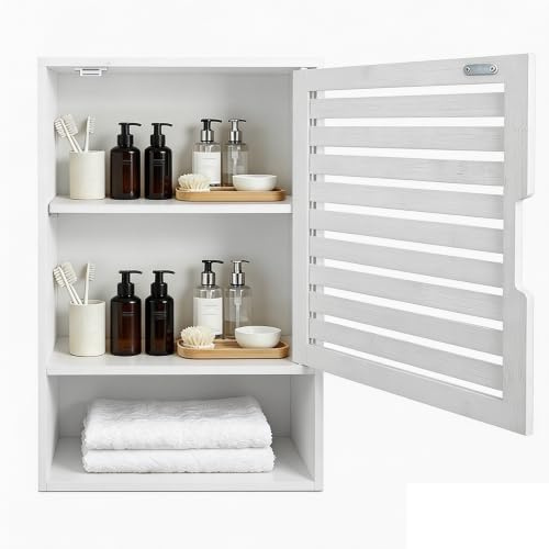 MUL-BOUTIQUE Armario de esquina para baño de bambú, fijación de pared con puerta de persianas ventilada, mueble de almacenamiento 20 x 40 x 60 cm, resistente a la humedad para esquina de inodoro