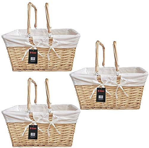 H-LINE 3 x Brown Rectangular Traditional Split Willow Shopping Baskets with Folding Handles Vintage Storage Wicker Christmas Hamper