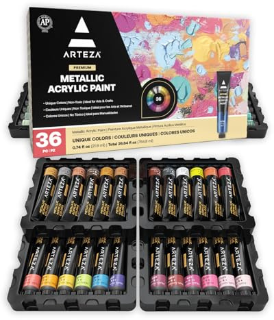 ARTEZA Metallic Acrylic Paint Set of 36 Colors, 0.74 ounce Tubes Artist Paints for Hobby Painters, Art Supplies for Canvas Painting