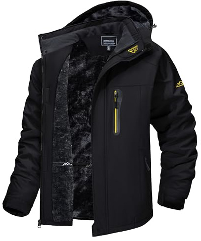 TACVASEN Men's Winter Ski Jacket Waterproof Snow Coats Snowboard Fleece Lining Jacket Warm Parka with Hooded Black XL