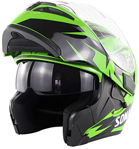 ATK SM955 Modul Hochklappen Motorradhelm Doppelte Windschutzscheibe Eingebaute Sonnenblende Herausnehmbares Futter Tragbares Schloss, DOT,Green,L(59-60cm)