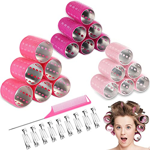 37 Pcs Aluminum Thermal Hair Rollers Set 3 Sizes Self Grip Hair Rollers 18 Pcs Duckbill Clips, Comb Hairdressing Styling Tool for Women, Men(1.1,Pink Series)