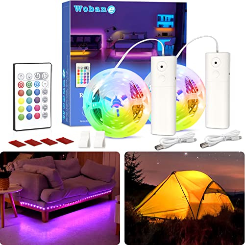 WOBANE Tira Led RGB Pilas Recargable USB con Mando a Distancia, 2 x 2m Luces LED de Tira Decoración Habitacion, 2000mAh Luces de Tira Led Adhesivo con Bateria Para TV Gaming,Estantes,Escaleras,Fiesta