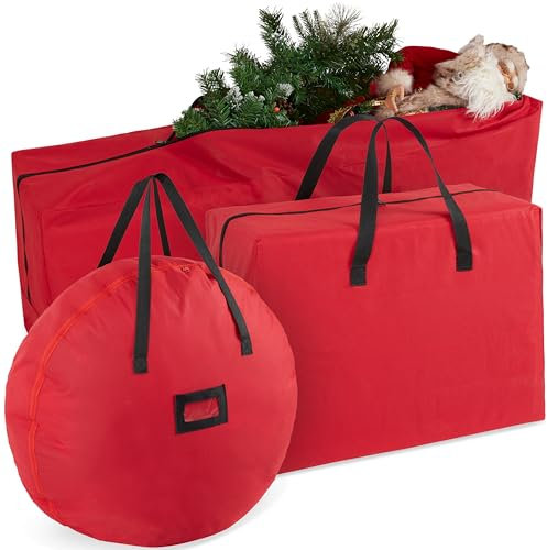 Borsa Porta Palline di Natale - Decorazioni, Ghirlanda e Custodia per Albero - Sacchi Resistenti con Cerniera e Manici per Oggetti Natalizi (Rosso Set da 3)