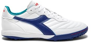 Diadora Brasil Elite Turf Soccer Shoe - Water-Resistant Suprellsoft, Non-Slip PU Heel Lining, Flex Points on Insole, Fine Craftsmanship, White/Navy, 7
