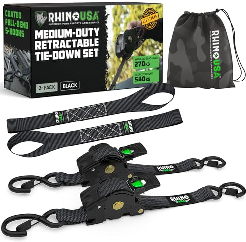 Rhino USA Cinghie a Cricchetto Retrattili (Confezione da 2) - 2.5cm x 3m (540kg di Resistenza alla Rottura) - Cinghie di Fissaggio Automatiche per Camion, Rimorchi, Moto, Bici & Altro - Nero