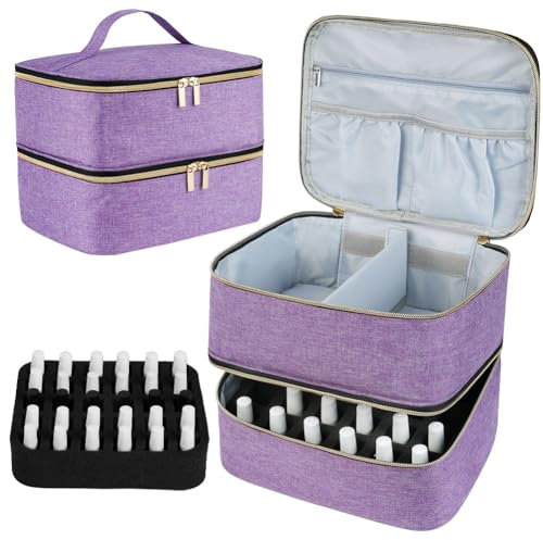 LOPHE Kosmetiktasche, Doppellagige Tragbare Reise Schminktasche Damen, Nagellack Organizer Mit Fächern Für 30 Flaschen Und Nagellampe, Make Up Kosmetikkoffer Tasche Mit Nagellack Aufbewahrung (Lila)