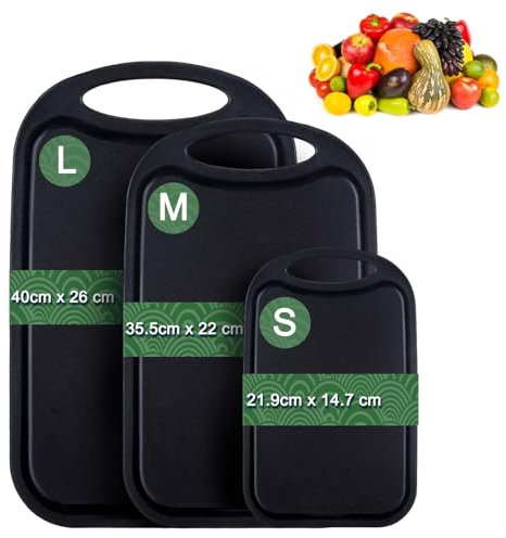 Gymdin Schwarz Schneidebrett Kunststoff, 3 Teiliges Schneidebrett Set, Schneidebrett mit Saftschlitz und Rutschfestem Griff, küchenbrett für Fleisch/Gemüse/Obst, BPA-frei, Spülmaschinenfest