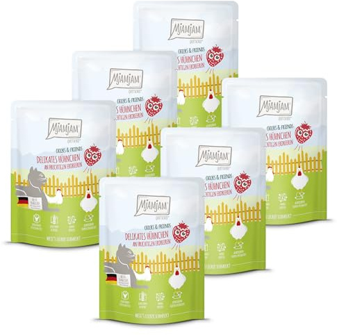 MjAMjAM - Premium Alimentation Humide pour Chats - Quetschie - Chicks & Friends Poulet délicat aux Fraises fruitées, Paquet de 6 (6 x 300g), sans céréales
