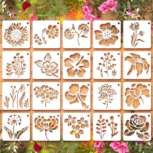 Ymapinc 20 Stück Blumen Schablone Wildblumen Schablonen Wiederverwendbare Malschablonen Kunststoff Schablonen Malen für Bastelarbeiten Möbel Wand Scrapbooking DIY Malerei Holz Möbel