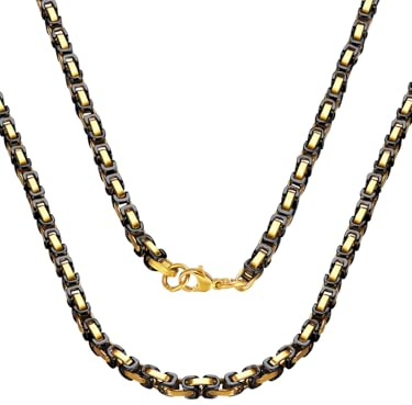 ChainsPro Collier de Chaîne Byzantin en Acier Inoxydable,4MM Chaine Biker Homme Mécanicien Style 51cm Bicoloré Lien Noir et Plaqué Collier Bijoux Cadeux,avec Boite