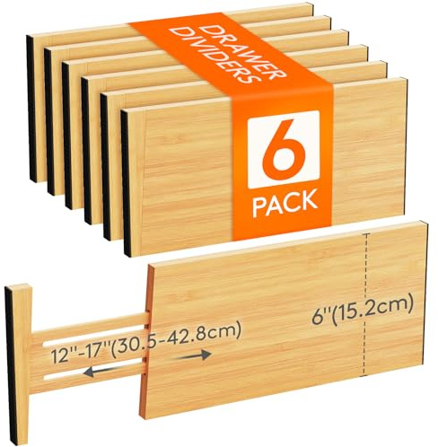 Lifewit 6 High 6 Pack Bamboo Drawer Dividers 33-42cm/13-16.5 Adjustable Wooden Drawer Organizer for Clothes/Utensils, Expandable Drawer Separator for Dresser/Kitchen/Bedroom/Office Organization