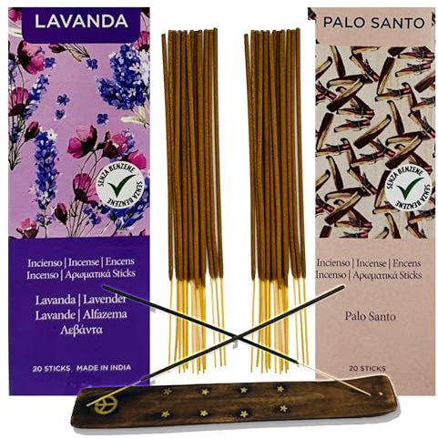40 Varillas de Incienso Natural sin Tóxicos para Anti DEPRESIÓN con Tablilla Quemador de Madera - 40 Inciensos de Palo Santo y Lavanda + Envoltura Hermética Anti-Humedad