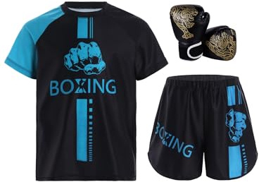 Miutii 3 delar barn pojkar träningsoverall boxning kläder muay thai shorts kickboxning korta byxor T-shirt boxningshandskar Thai MMA kampsport träning sport set