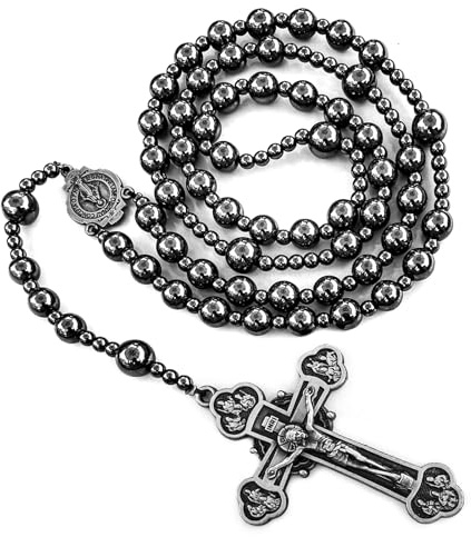 LinZengYo Large Heavy Rosary,Hematite rosary beads catholic for men and women,Rosary Necklace for men with Virgin Mary medal & cross,Handmade of rosarios catolicos Cross Necklace Catholic Gifts