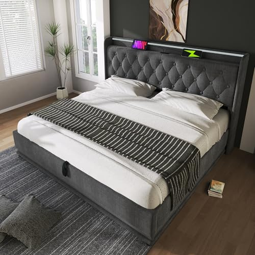 EINHOM Upholstered King Bed Frame with Large Storage Space, Ottoman Bed with 360 Degree Surround LED Feature, Charging Function, Linen, Grey (No Mattress) (150cm*200cm)