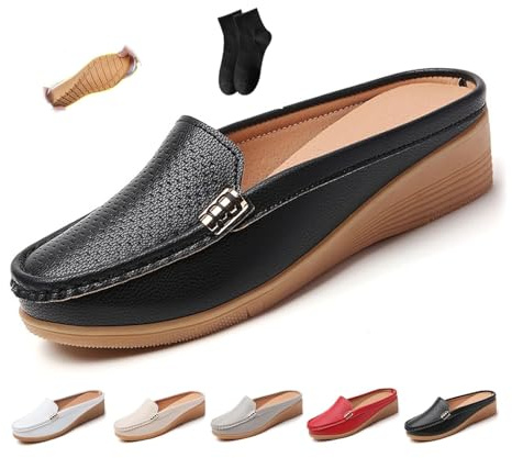 POIOZXD Zapatos planos de piel para mujer, cómodos, transpirables, con puntera cerrada, sin espalda, de ajuste ancho, zuecos suaves de piel auténtica