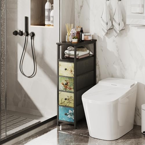 CAIYUN Schmaler Kommode Schrank mit 4 Schubladen und offenem Regal, Schmaler Stoff Nachttisch Beistelltisch für kleine Räume, Retro Böhmische Nachttisch, für Wohnzimmer Schlafzimmer