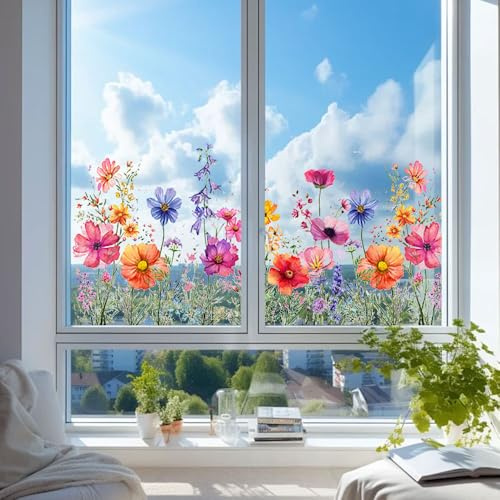 XFSRG Adesivi per Finestre Fiori e Farfalle Colorati in PVC Fogli Adesivi Decorativi per Vetri Decorazioni per Interni Ideali per Casa e Ufficio (Fiore, 30x60cm)